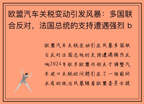 欧盟汽车关税变动引发风暴：多国联合反对，法国总统的支持遭遇强烈 backlash